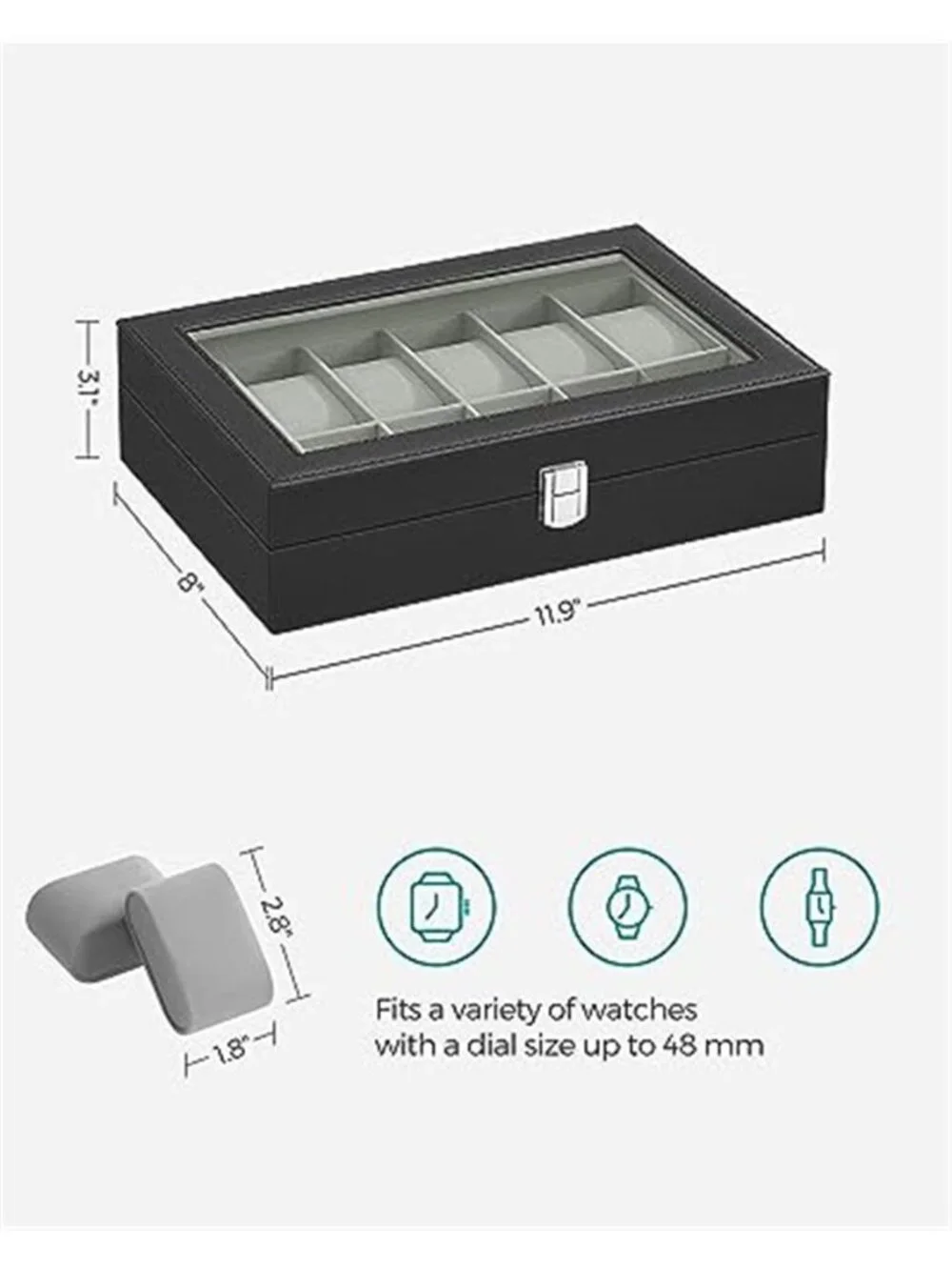 Watch Box, 12-Slot Watch Case Organizer with Large Glass Lid,